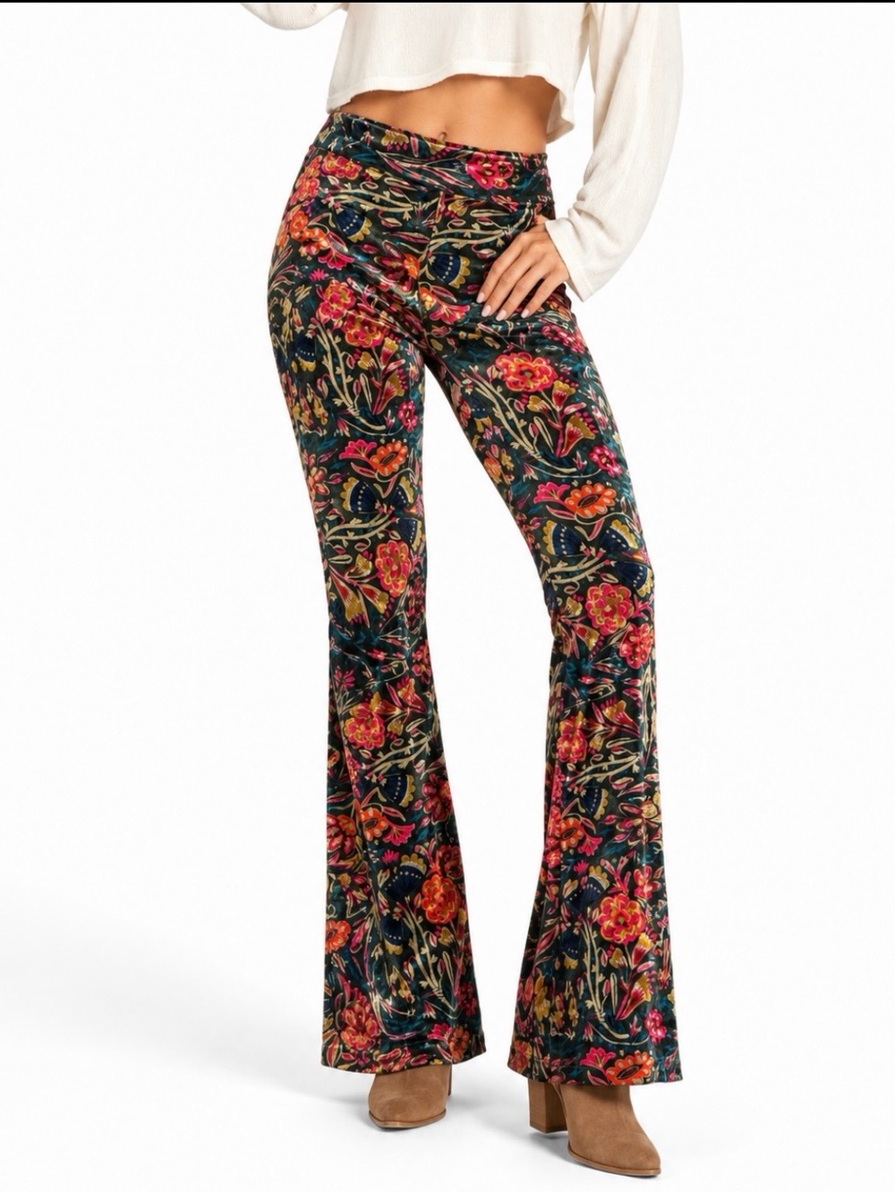 Natural Life Floral Velvet Flare Pants Boho Earthy Bell Bottom Size Small